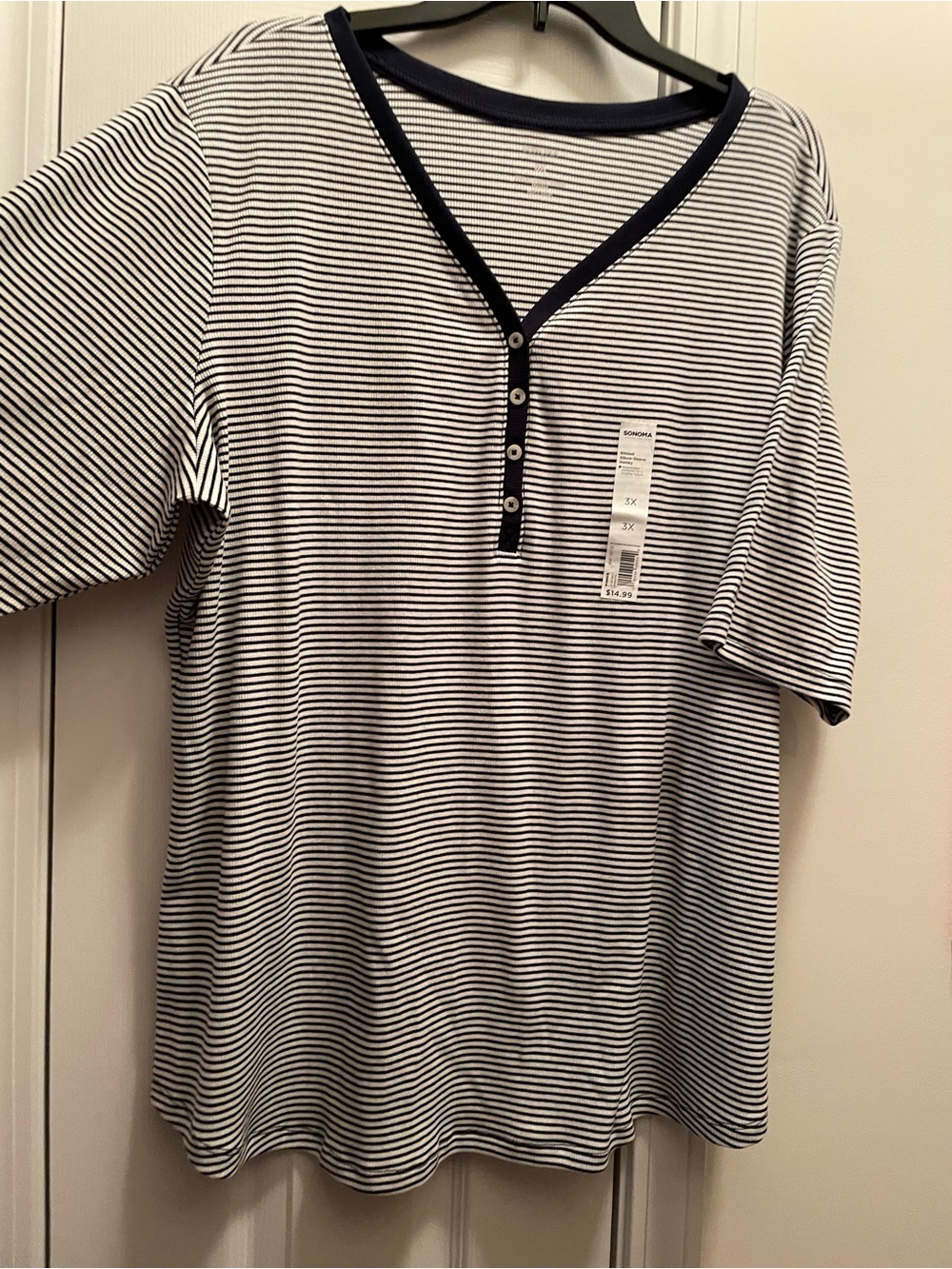Sonoma Plus 3X Navy Striped Ribbed Elbow Sleeve Henley, New w/Tags